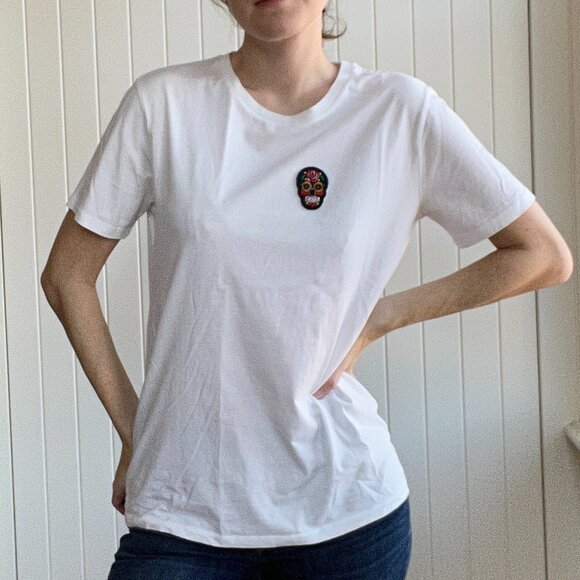 White Tee with Colorful Skull Patch - Picture 5 of 8